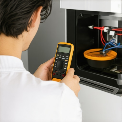 Maintenance Tools for Home Appliances Person testing appliance wiring with a multimeter in a modern kitchen