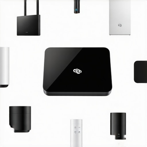 A router in a central location with smart appliances connected in a modern house.