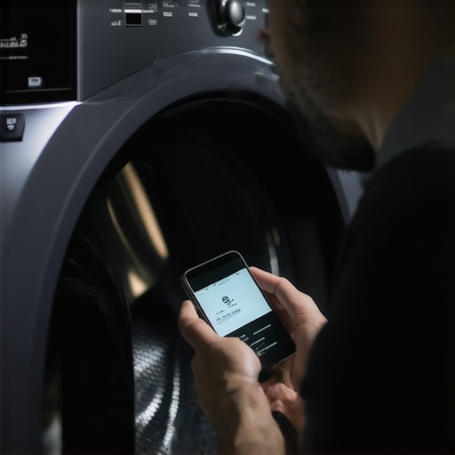 Technician using app to troubleshoot a washing machine in a clean, professional setting