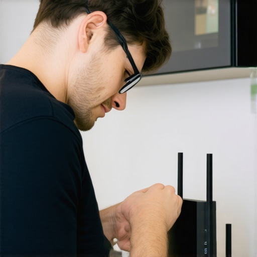 Person tuning a Wi-Fi router in a kitchen to improve smart device connectivity