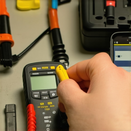 Person checking appliance wiring with a multimeter, with cleaning tools nearby
