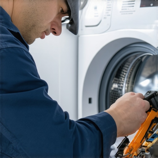 Technician adjusting a washing machine's sensor for optimal performance