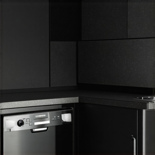 A kitchen corner with a dishwasher surrounded by soundproof panels for noise reduction.