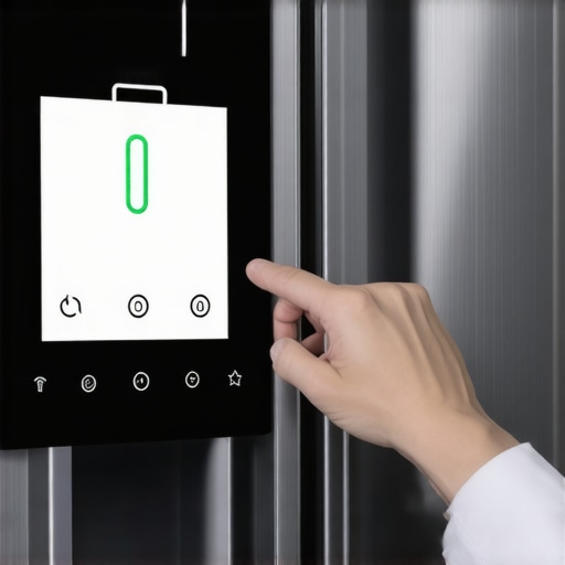Person using a paperclip to press a reset button on a smart fridge control panel.