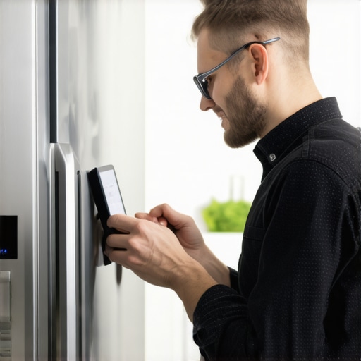 Engineer calibrating and troubleshooting a smart fridge in the kitchen