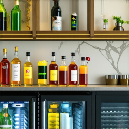 A sleek, modern mini-fridge in a stylish home bar setup, stocked with drinks and accessories.