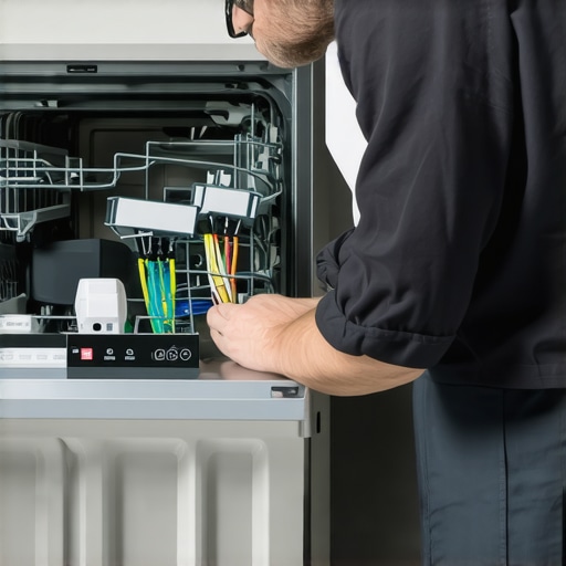 Technician Checking Dishwasher Wiring A technician inspecting the internal wiring and control panel of a dishwasher to troubleshoot error codes.