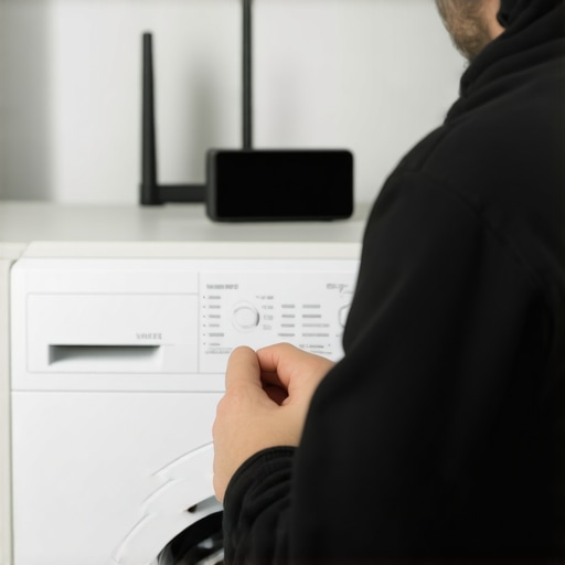 Person checking Wi-Fi connection between smart home hub and washing machine.