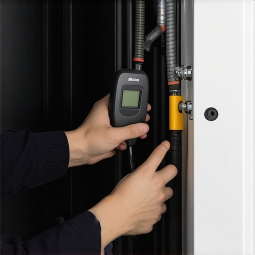 Person inspecting washing machine hoses with a moisture meter for early leak detection