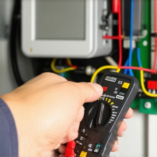Close-up of a hand holding a digital multimeter checking an appliance component during maintenance.