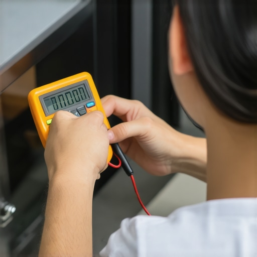 Using a multimeter for appliance maintenance Person testing an electrical connection on a home appliance with a multimeter