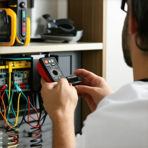 Using a multimeter for appliance maintenance Technician testing a dishwasher's heating element with a multimeter in a well-lit kitchen