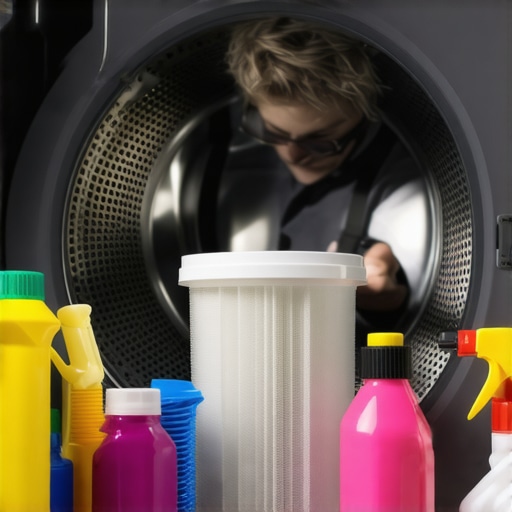Person inspecting and cleaning washing machine filter and drum