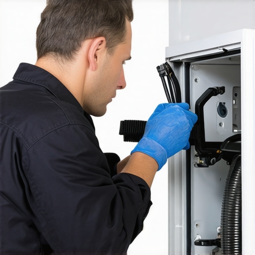 Technician cleaning fridge condenser coils with brush and vacuum