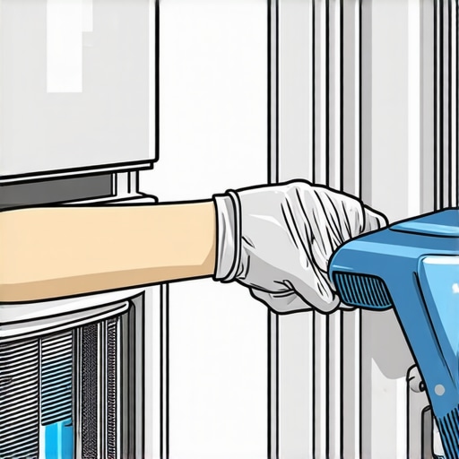 Person cleaning refrigerator condenser coils with a brush and vacuum.
