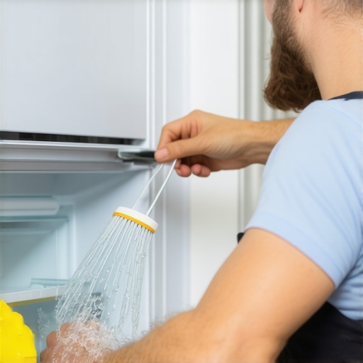 Technician using a flexible brush to clear a fridge drain hole