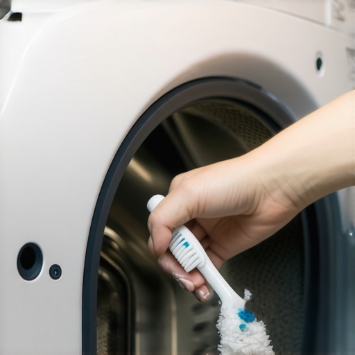 Person scrubbing washing machine door seal with toothbrush and vinegar solution