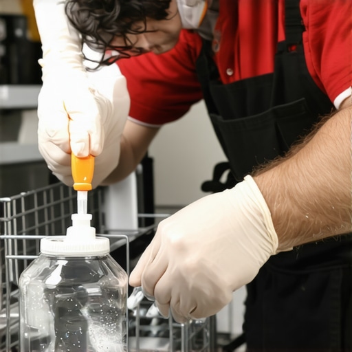 A person cleaning a dishwasher spray arm with a brush and vinegar to remove deposits.