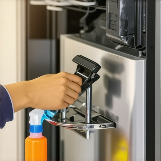 Technician cleaning dishwasher soap dispenser hinge with tools and cleaning supplies