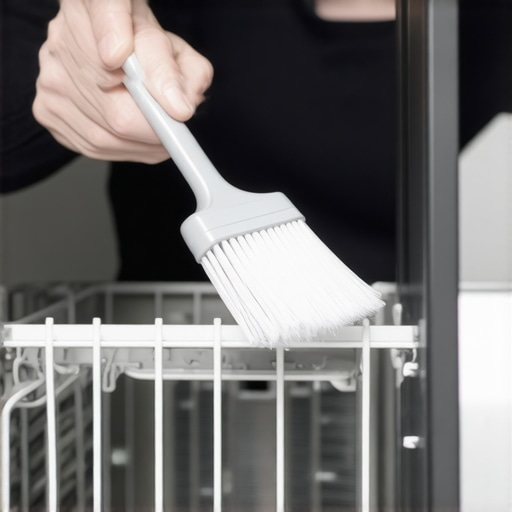 Person cleaning dishwasher's heating coil with vinegar and brush.