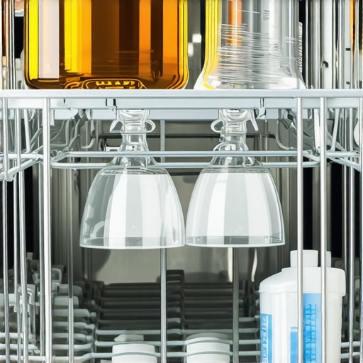 Dishwasher interior with vinegar container and sparkling glasses