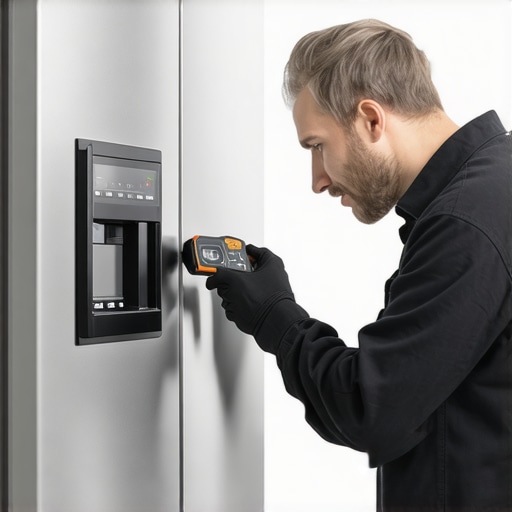 Technician inspecting and repairing a refrigerator with digital multimeter and screwdriver in a bright kitchen