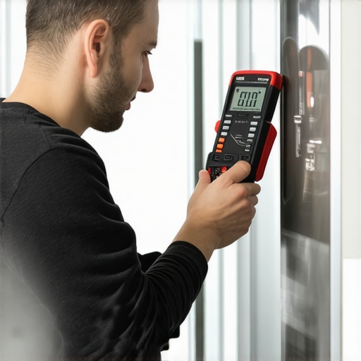 Home Appliance Maintenance Tools Person inspecting a smart refrigerator with a multimeter and ultrasonic cleaner