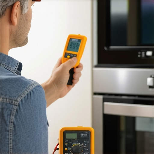 A person checking appliances with a thermometer and multimeter for maintenance