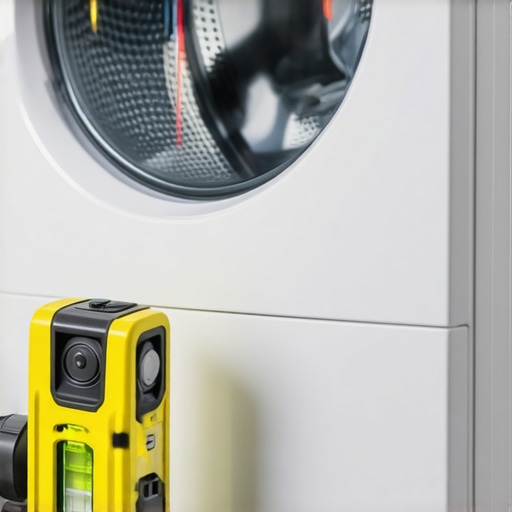 A hand using a spirit level to check if a washing machine is properly leveled.