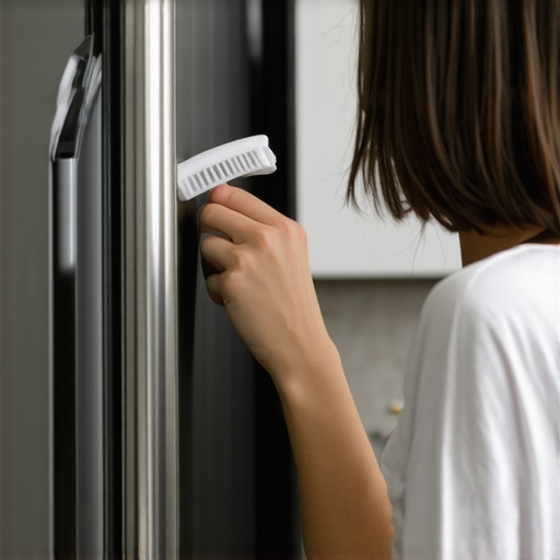 Person cleaning refrigerator gasket with a brush in a contemporary kitchen.