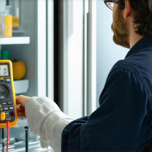 Technician testing a refrigerator's electrical components with a multimeter and screwdriver.