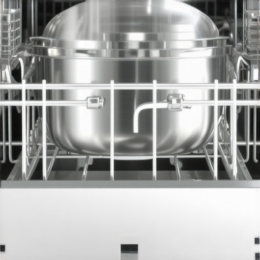 Large pot correctly loaded in dishwasher's lower rack with spray arms operational.