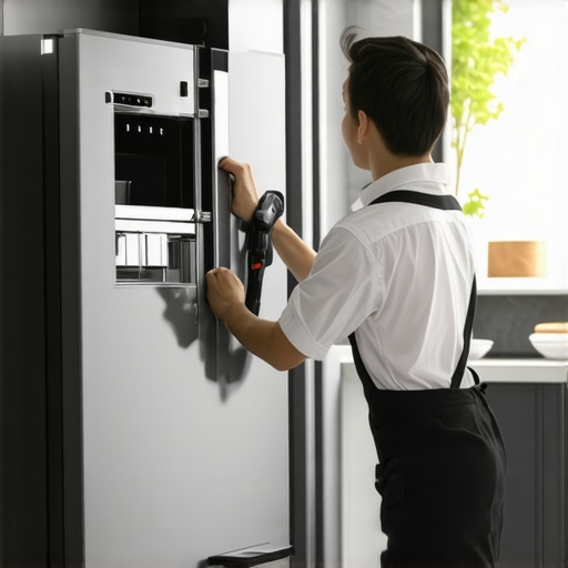 Technician cleaning and updating a smart fridge with specialized tools.