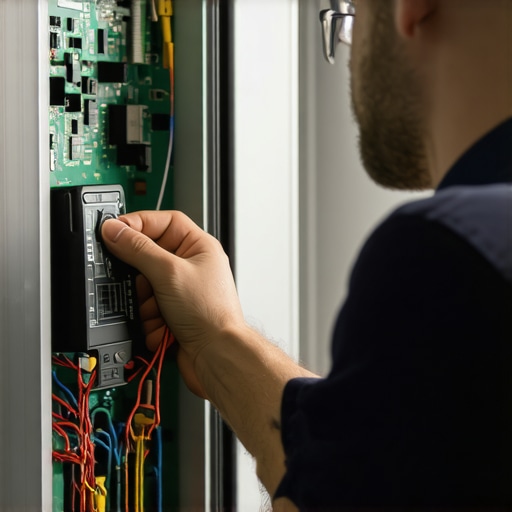 Technician testing a refrigerator with a multimeter in a sleek kitchen setting