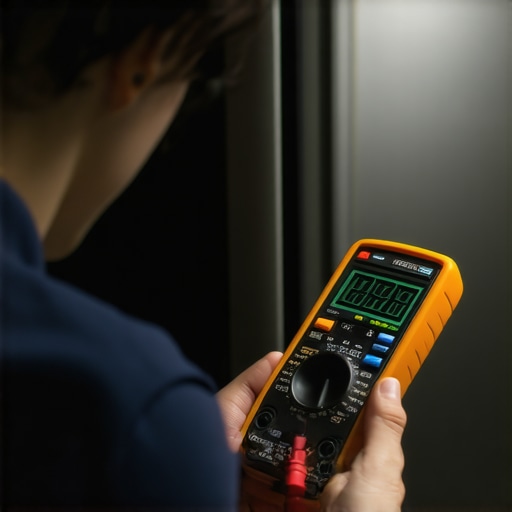 Person testing smart refrigerator with a multimeter in a sleek kitchen.