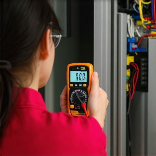 Person testing an appliance with a digital multimeter in a contemporary kitchen