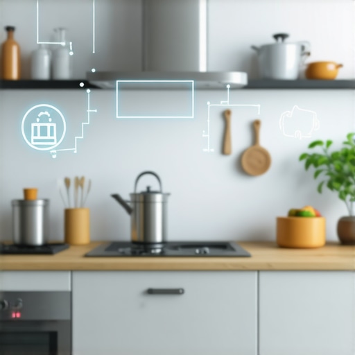 Modern smart kitchen with connected appliances and security icons