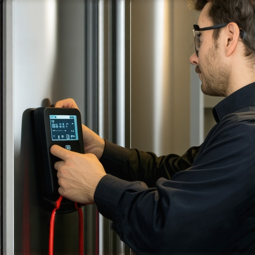 A professional calibrating a smart refrigerator using diagnostic tools in a kitchen setting.