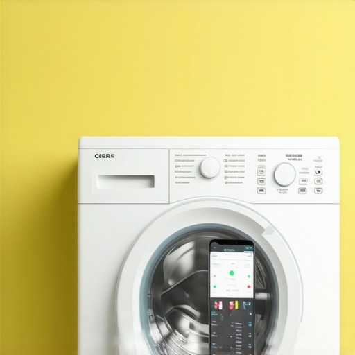 Diagram showing a smart washing machine linked to a home automation system with app control