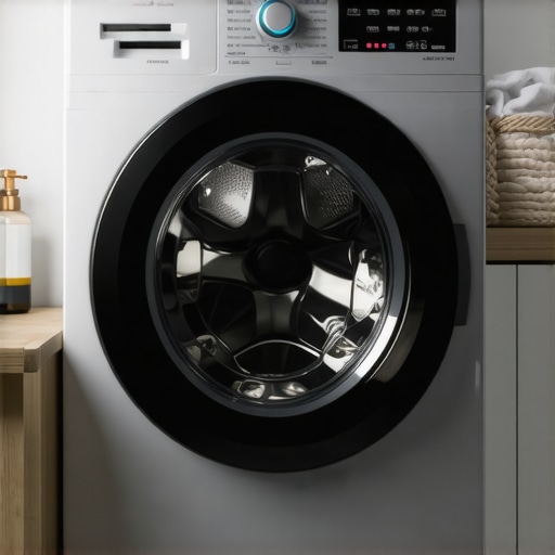 A high-tech smart washing machine connected to a smartphone app, illustrating smart appliance automation.