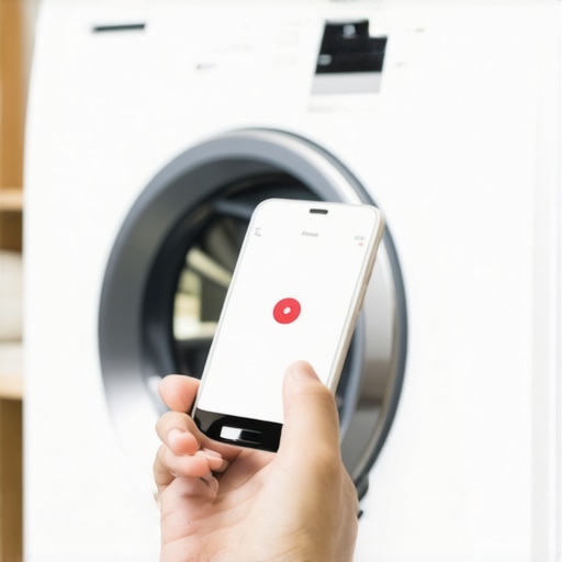 Person updating smart washing machine firmware with smartphone in modern kitchen