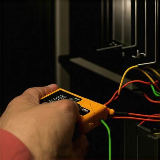 Person checking appliance wiring with a digital multimeter in a contemporary kitchen.