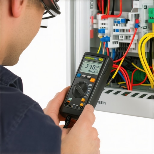 Technician testing a refrigerator's electrical connection with a multimeter.