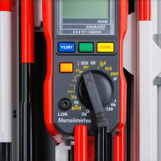 A person holding a digital multimeter testing electrical wiring inside a home appliance