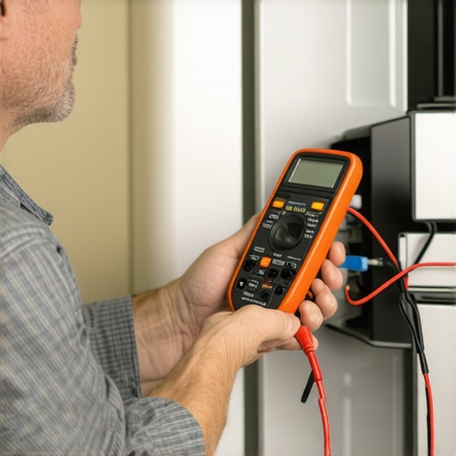 Person testing an appliance with a digital multimeter to ensure proper electrical function.