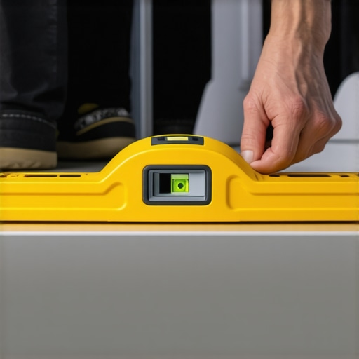 Person leveling refrigerator with a spirit level to reduce noise.