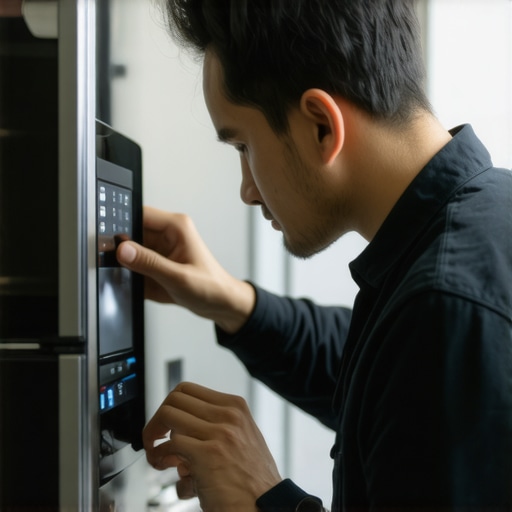 Calibrating a Smart Refrigerator Sensor for Accurate Performance Technician adjusting sensor inside a smart refrigerator in a modern kitchen setting