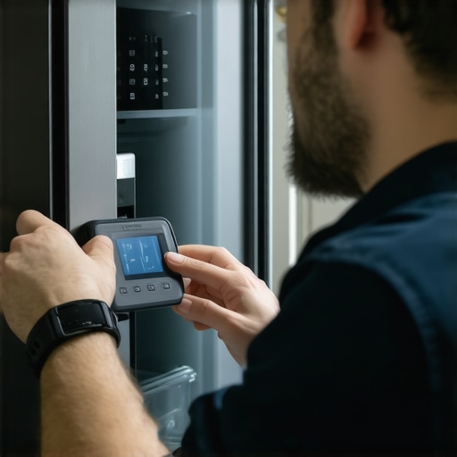 Technician adjusting the sensor inside a modern smart refrigerator for accurate temperature readings.