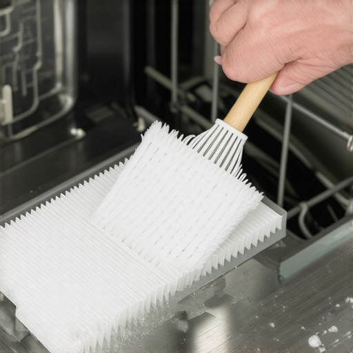 Cleaning Dishwasher Drain Filter Person rinsing and scrubbing a dishwasher filter with a brush