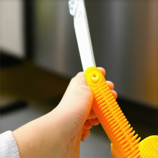 Cleaning Refrigerator Coils to Extend Appliance Life Person using a brush to clean refrigerator condenser coils in a contemporary kitchen.